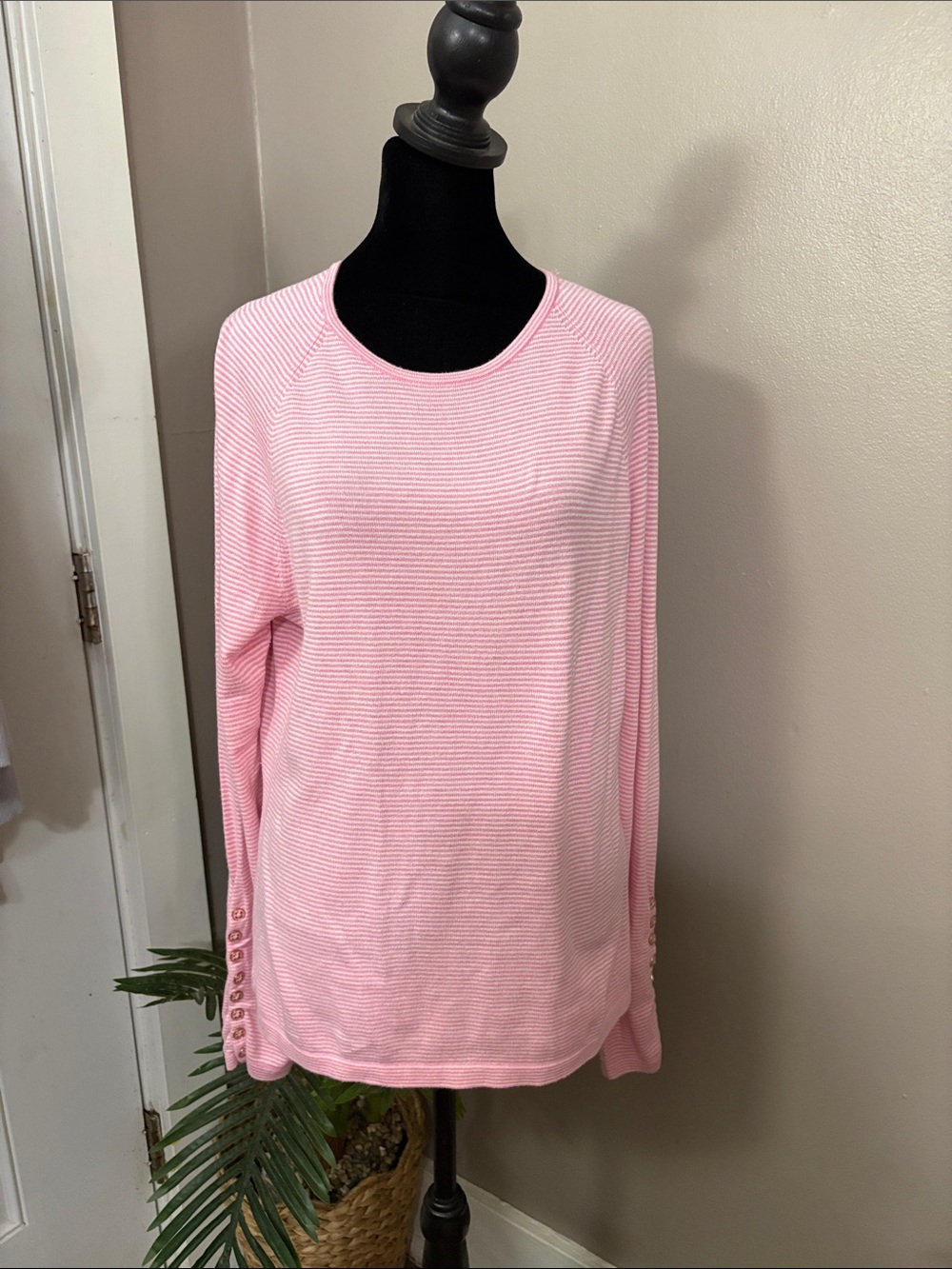 J McLaughlin Crewneck Long Sleeve Top in Soft Pink and White stripes size M